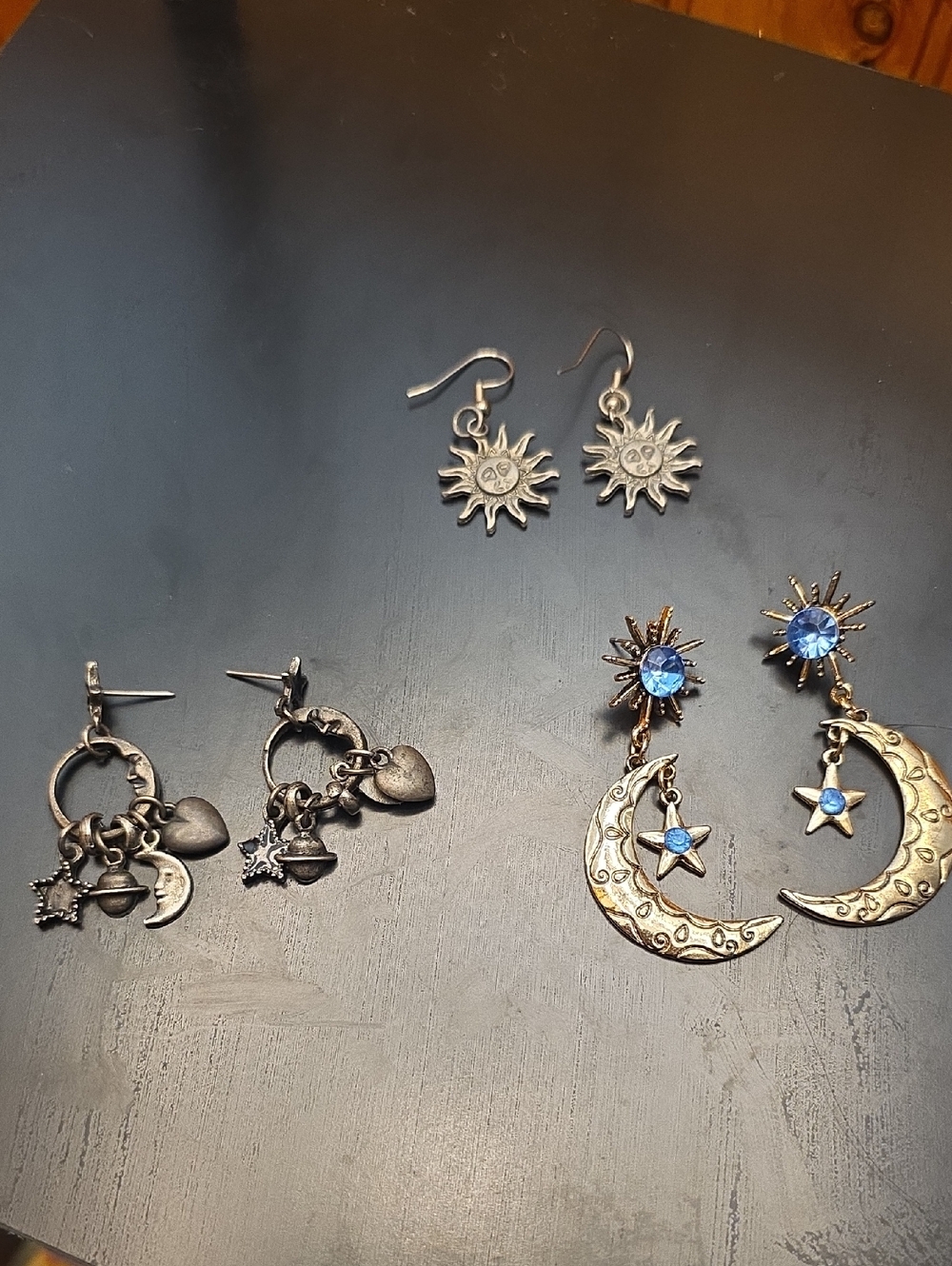 Silver Sun & Moon Drop Earrings with Blue Accents